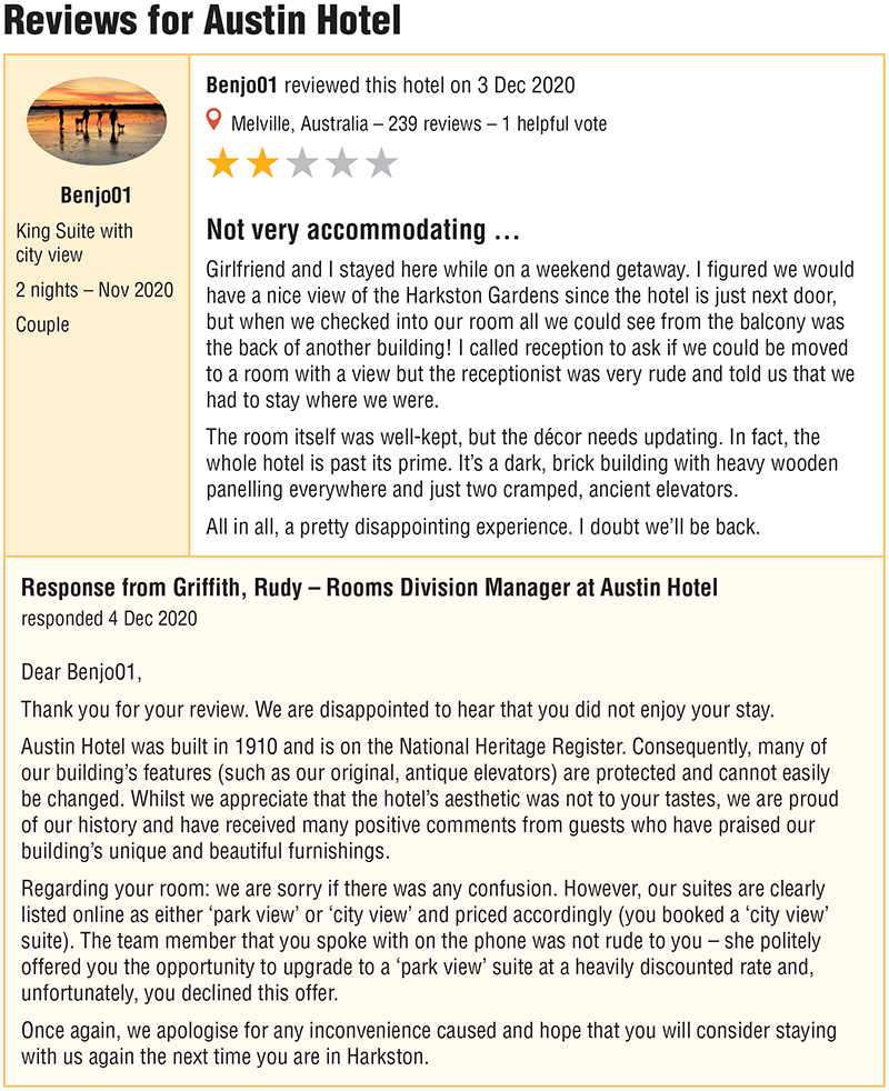 A hotel review reading sample