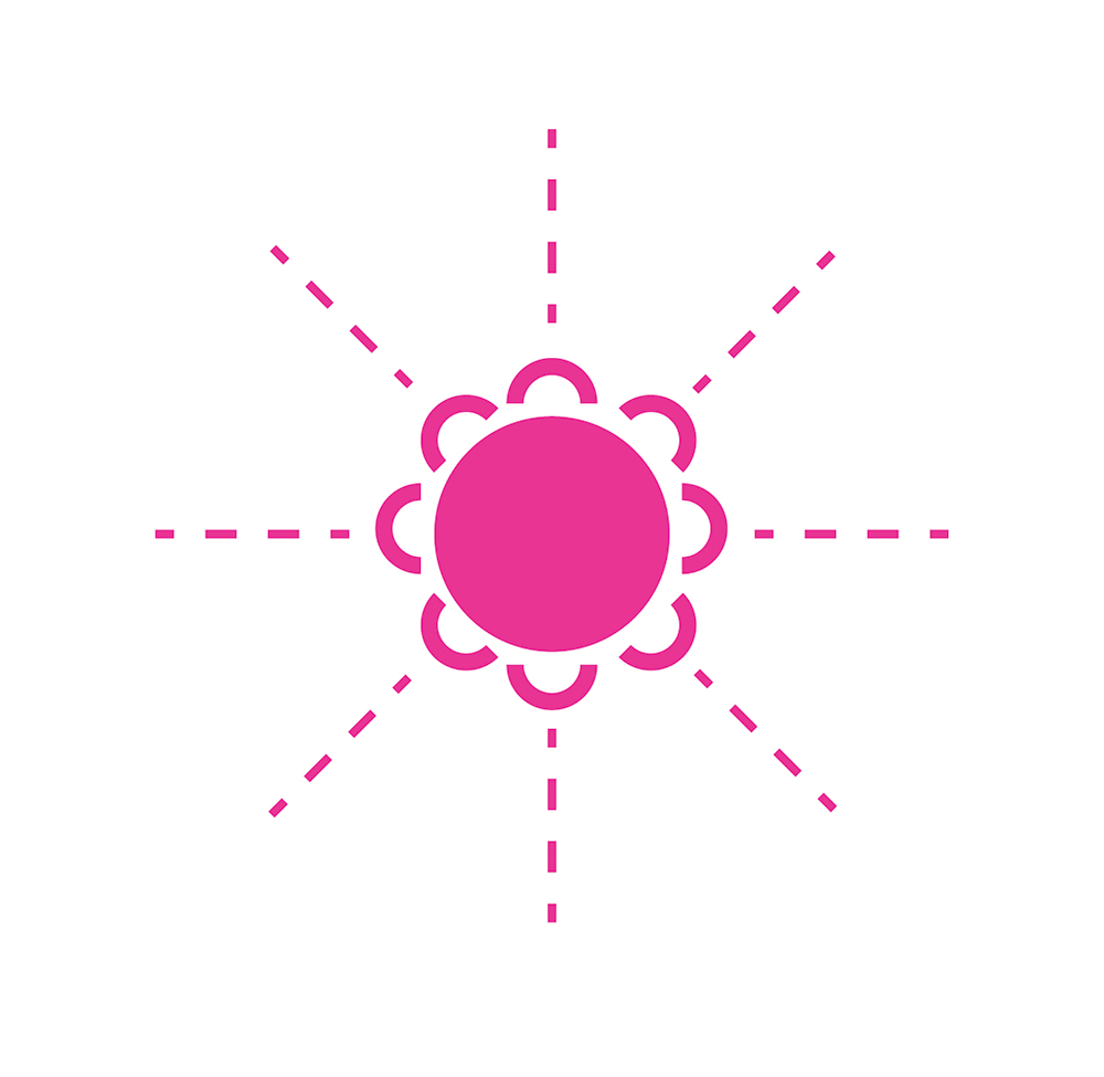 pink dot at the centre, several curved line hugging the dot and 8 spokes of dashed lines