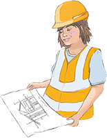 a pencil drawing of a young woman wearing a high vis vest and hard hat looking at a building plan