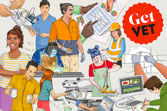 GET Vet publication cover illustration of people doing various jobs