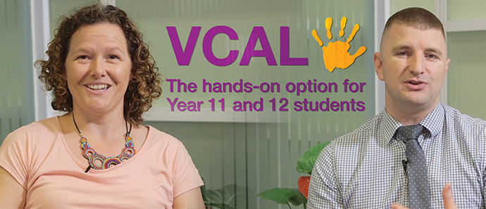 a woman and a man talking to the camera with the VCAL logo in the middle