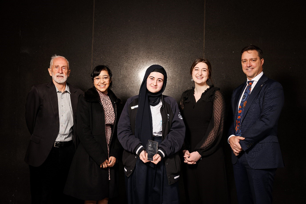 A group of VCE Leadership winners posing with VCAA Chair and CEO