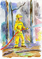 Fighting bushfire – illustration of firefighter with hose